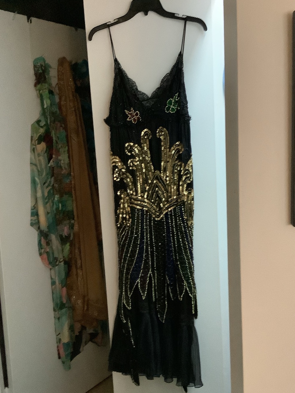 Hand Crafted silk & vintage slip dress maxi midi with sequins and beads ooak